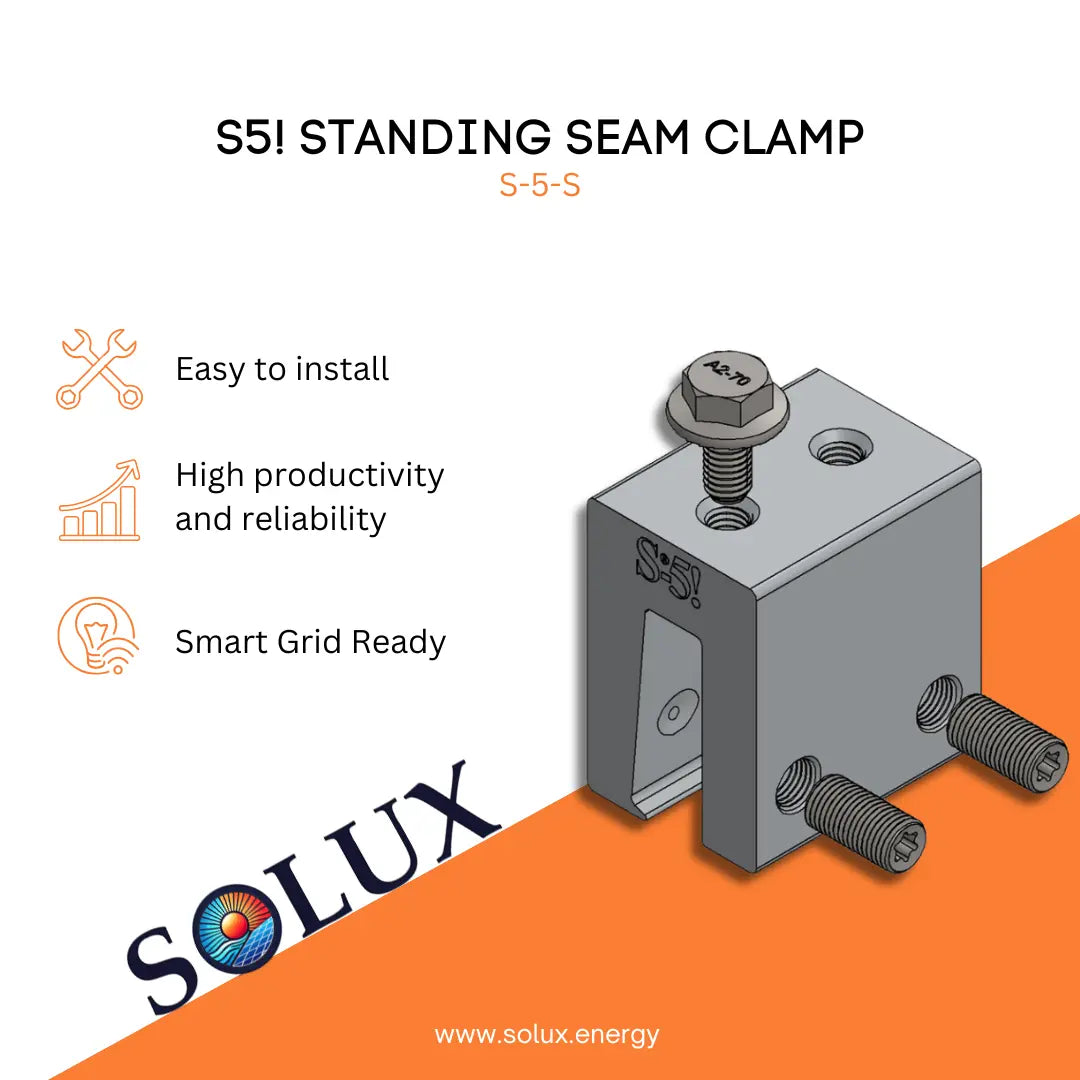 S5! Standing Seam Clamp with Solux logo and product features on a white and orange background