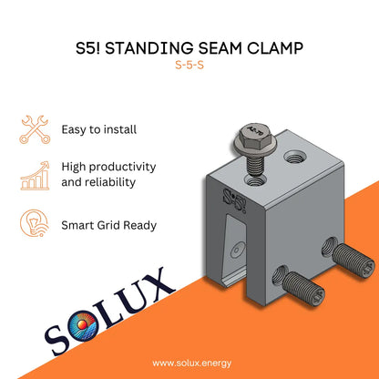 S5! Standing Seam Clamp with Solux logo and product features on a white and orange background