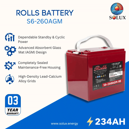 A red Rolls S6-260AGM battery with a white handle, shown on a white and blue promotional graphic with product features and the Solux logo.