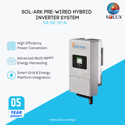 Sol-Ark 5K-1P-N Pre-Wired Hybrid Inverter System is an all-in-one system that includes an inverter, charger controller, and a display with remote monitoring.