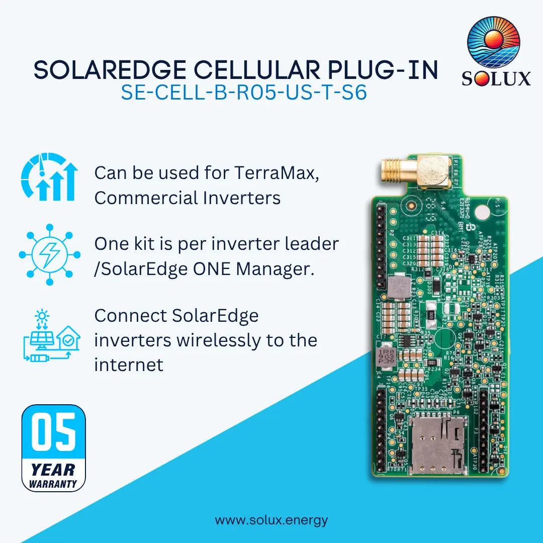 SolarEdge Cellular Plug-In w/ 5 year plan for Terramax, C&I Inverters; Not Compatible with CCG, DTGL OR Display Inverters. Up to 1000kW AC. Up to 32 Inverters, limited by system AC Size.