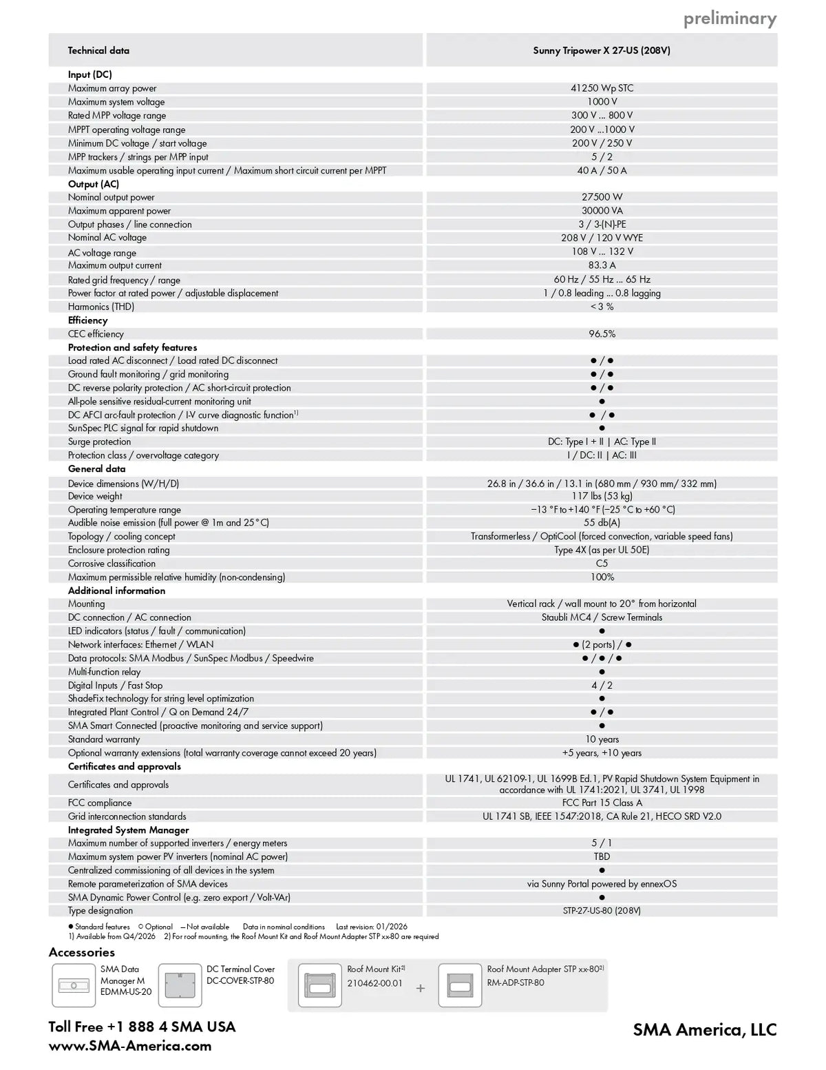 A technical specification table for the Preliminary Sunny Epson 9.75DS (KVM) projector, featuring a grid of technical details, connectivity, and accessories, with contact information for SMA America, LLC at the bottom.