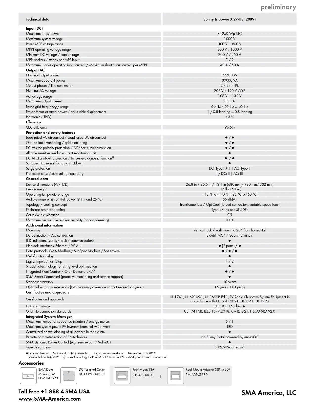A technical specification table for the Preliminary Sunny Epson 9.75DS (KVM) projector, featuring a grid of technical details, connectivity, and accessories, with contact information for SMA America, LLC at the bottom.