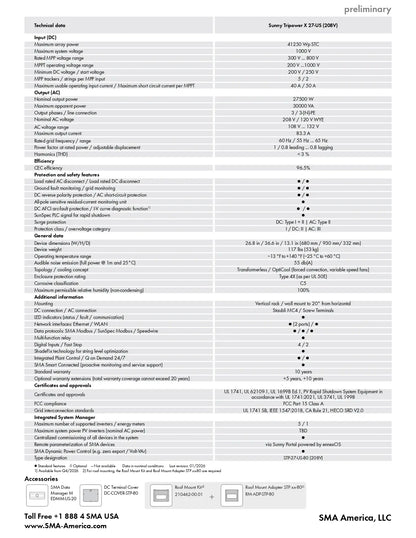 A technical specification table for the Preliminary Sunny Epson 9.75DS (KVM) projector, featuring a grid of technical details, connectivity, and accessories, with contact information for SMA America, LLC at the bottom.