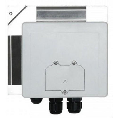 A silver metal electrical junction box with two black cable glands at the bottom, shown against a plain white background.