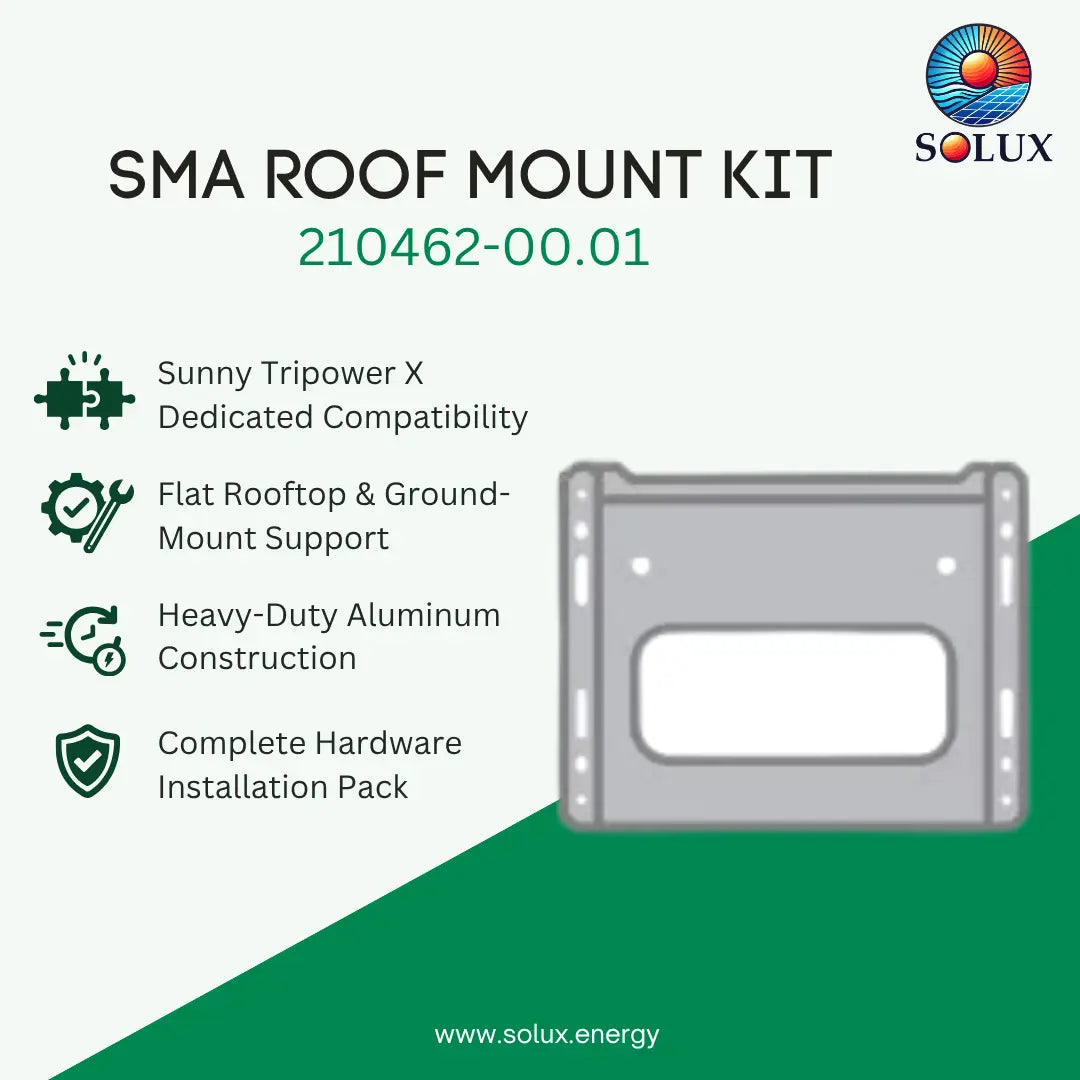 SOLUX SMA Roof Mount Kit product graphic showing a gray aluminum wall-mount bracket on a white and green background with text listing features such as Sunny Tripower X compatibility, flat rooftop and ground-mount support, heavy-duty aluminum construction, and complete hardware installation pack.