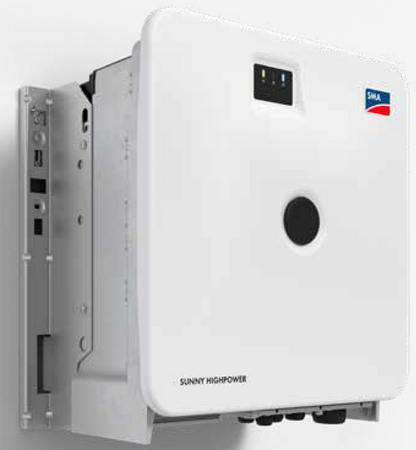 A white and gray Sunny HighPower solar inverter unit with a small digital display and a red, white, and blue Sunny brand logo on the front, shown against a plain white background.