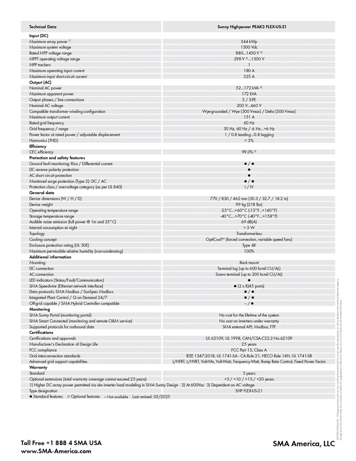 A technical specification table sheet for the SMA Sunny Highpower MAX-FC-US-21 inverter, detailing technical data, performance metrics, and compliance information from SMA America, LLC.