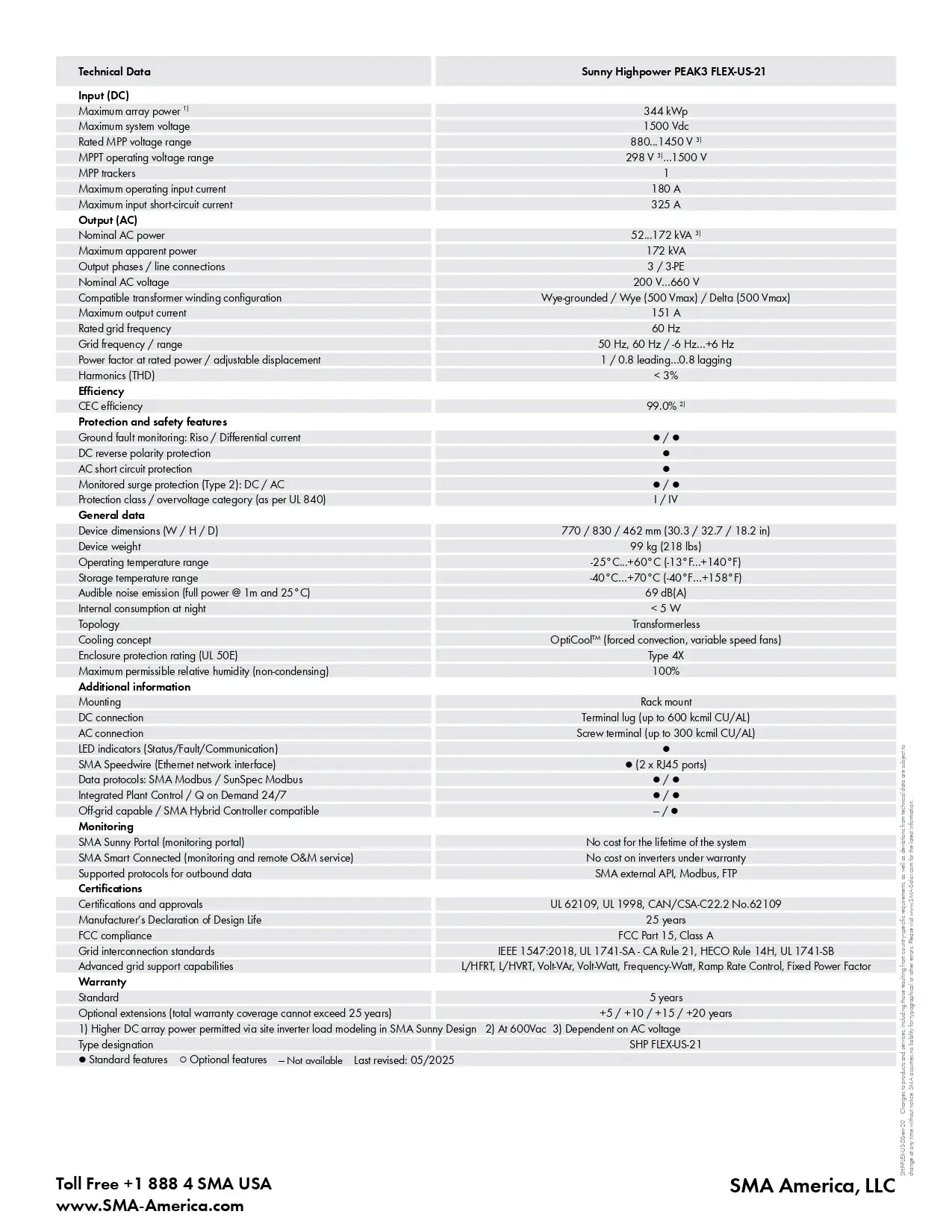 A technical specification table sheet for the SMA Sunny Highpower MAX-FC-US-21 inverter, detailing technical data, performance metrics, and compliance information from SMA America, LLC.
