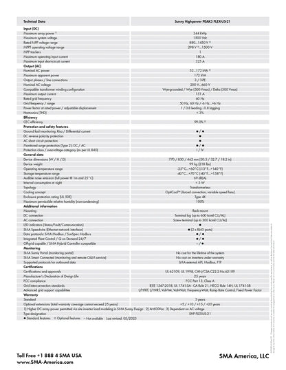A technical specification table sheet for the SMA Sunny Highpower MAX-FC-US-21 inverter, detailing technical data, performance metrics, and compliance information from SMA America, LLC.