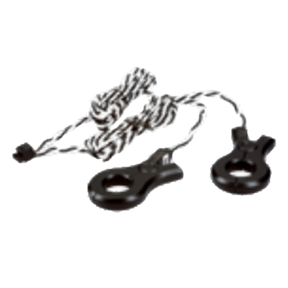  Product image of SMA clamp on current transformer a two black plastic ring-shaped hardware pieces connected by a black-and-white twisted rope, shown on a plain white background.
