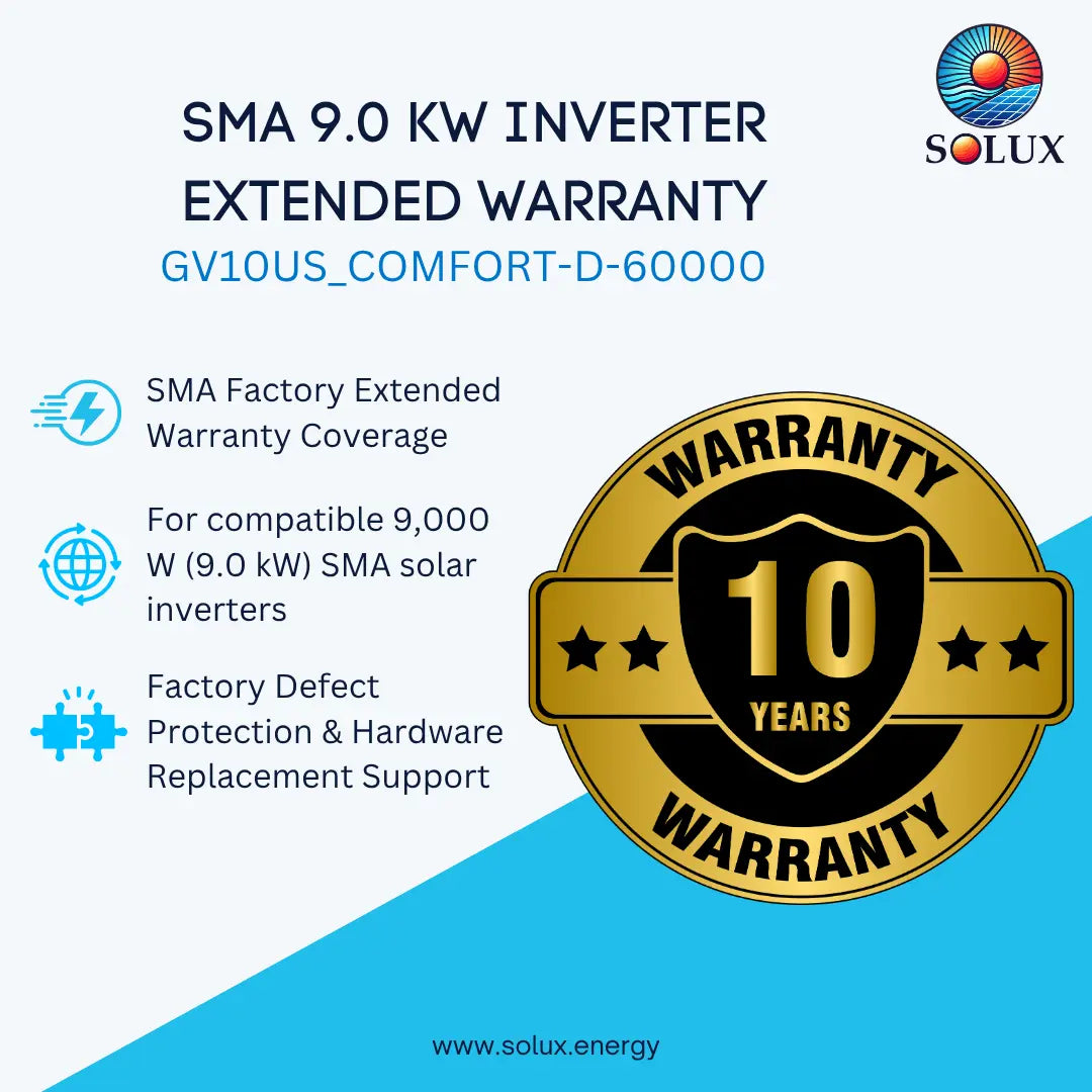 Promotional graphic for a SOLUX SMA 9.0 KW Inverter Extended Warranty, featuring product text, compatibility details, and a large gold 10-year warranty badge on a light blue and cyan background.