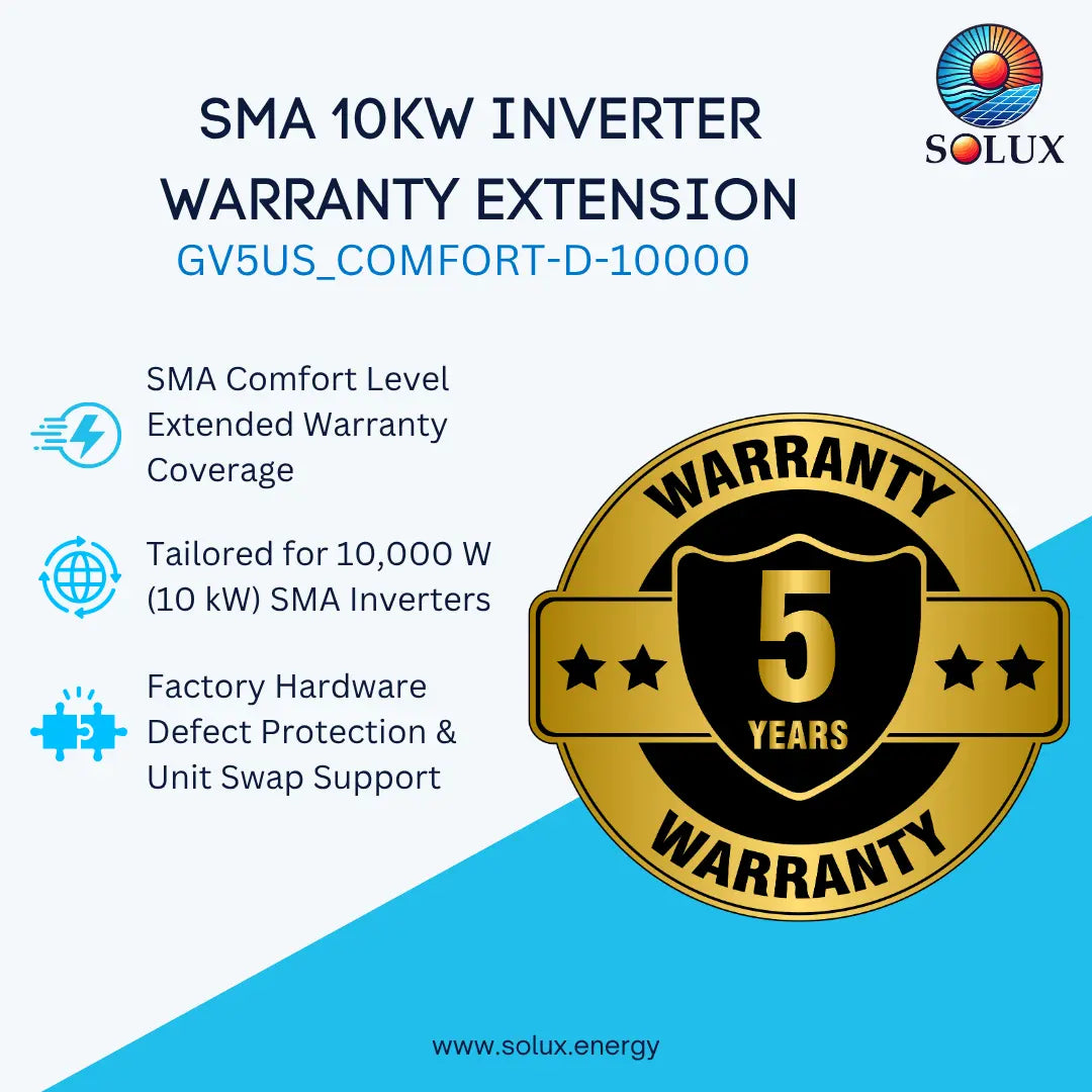 Promotional graphic for an SMA 10KW inverter warranty extension by Solux Energy, featuring text about extended warranty coverage and a large gold and black 5-year warranty badge on a light blue and white background.
