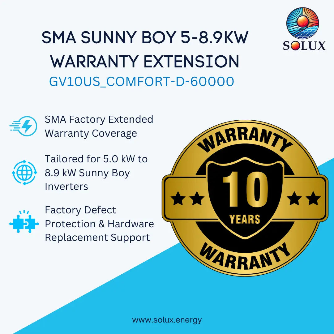 Promotional graphic for SMA Sunny Boy 5-8.9kW warranty extension, featuring product text, feature icons, and a large gold 10-year warranty badge on a light blue and cyan background.