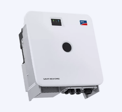 A white Sunny House inverters solar power system unit with a black circular port on the front, featuring the SMA logo and Sunny House branding, set against a plain light gray background.