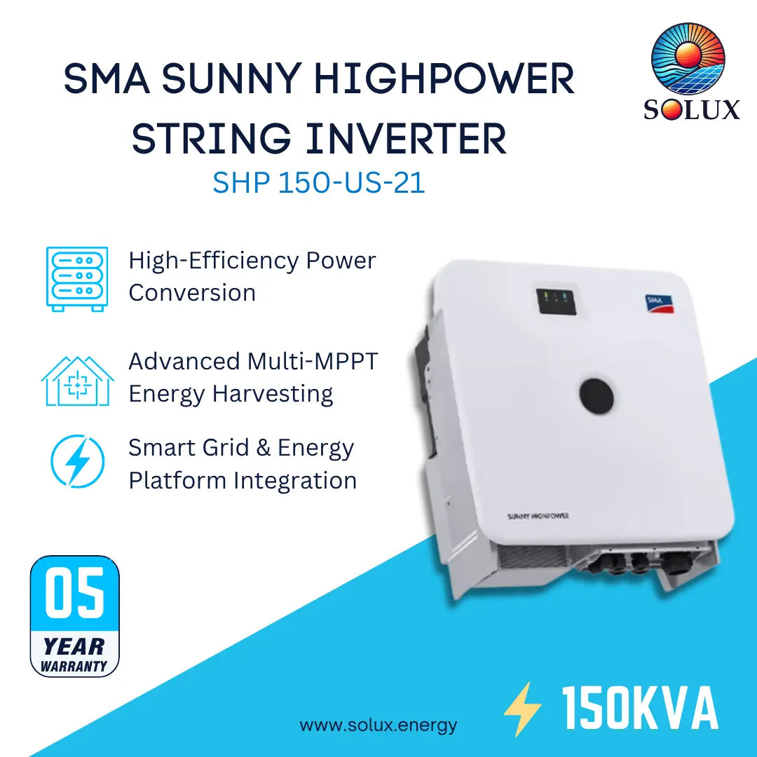 SOLUX SMA Sunny HighPower String Inverter SHP 150-US-21 in white, shown on a blue and white promotional graphic with feature callouts and a 05 year warranty badge.