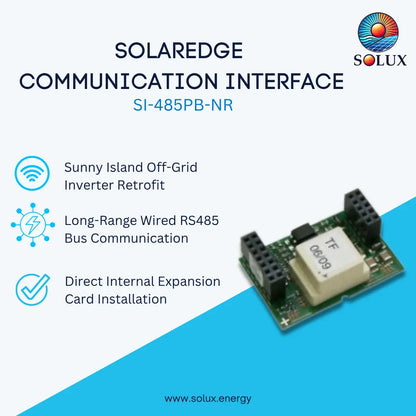 Promotional graphic for the Solaredge Communication Interface SI-485PB-NR by Solux, showing the electronic interface card on a white and blue background with feature callouts for Sunny Island off-grid inverter retrofit, long-range wired RS485 bus communication, and direct internal expansion card installation.