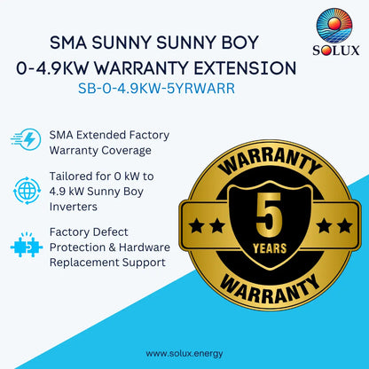 Promotional graphic for SMA Sunny Boy inverter warranty extension, showing product text, SMA Sunny Boy branding, a 5-year warranty seal, and Solux branding on a light blue and cyan background.