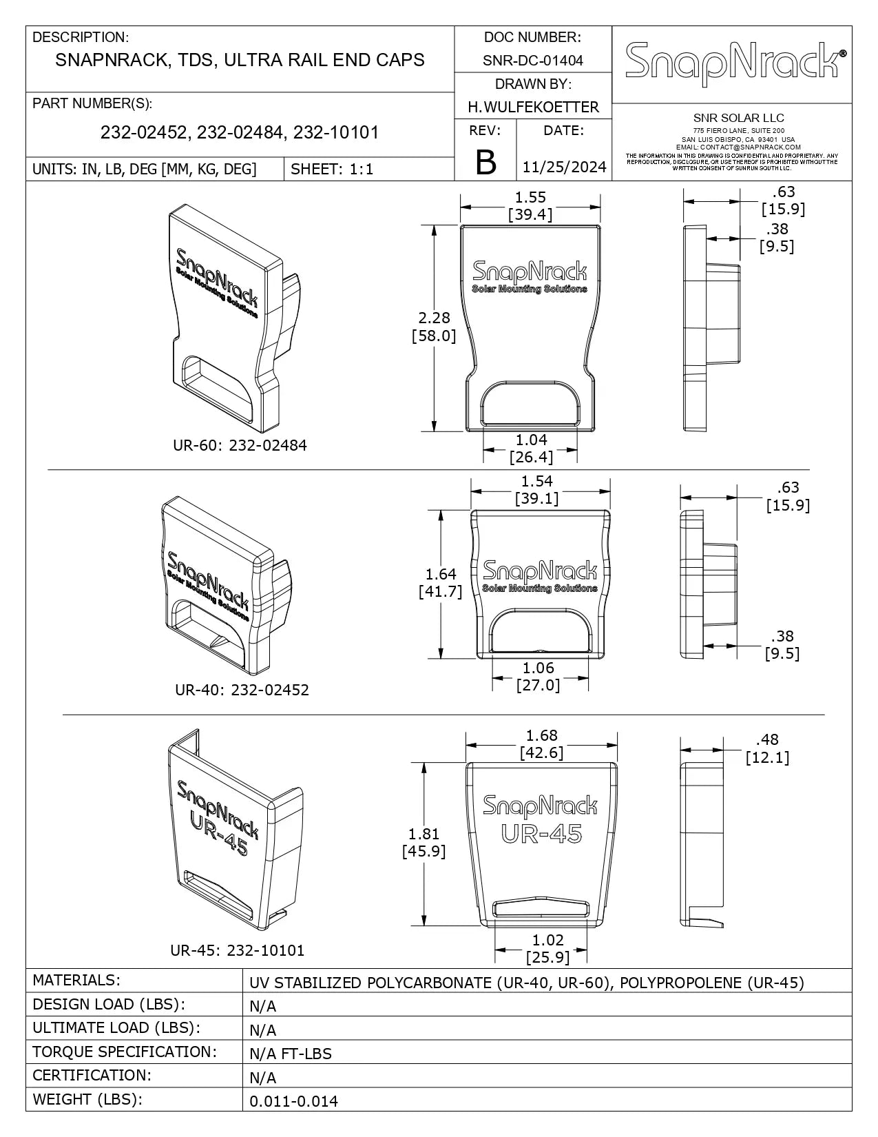 Technical drawing of SnapNtrack ultra rail end caps with dimensions and specifications.