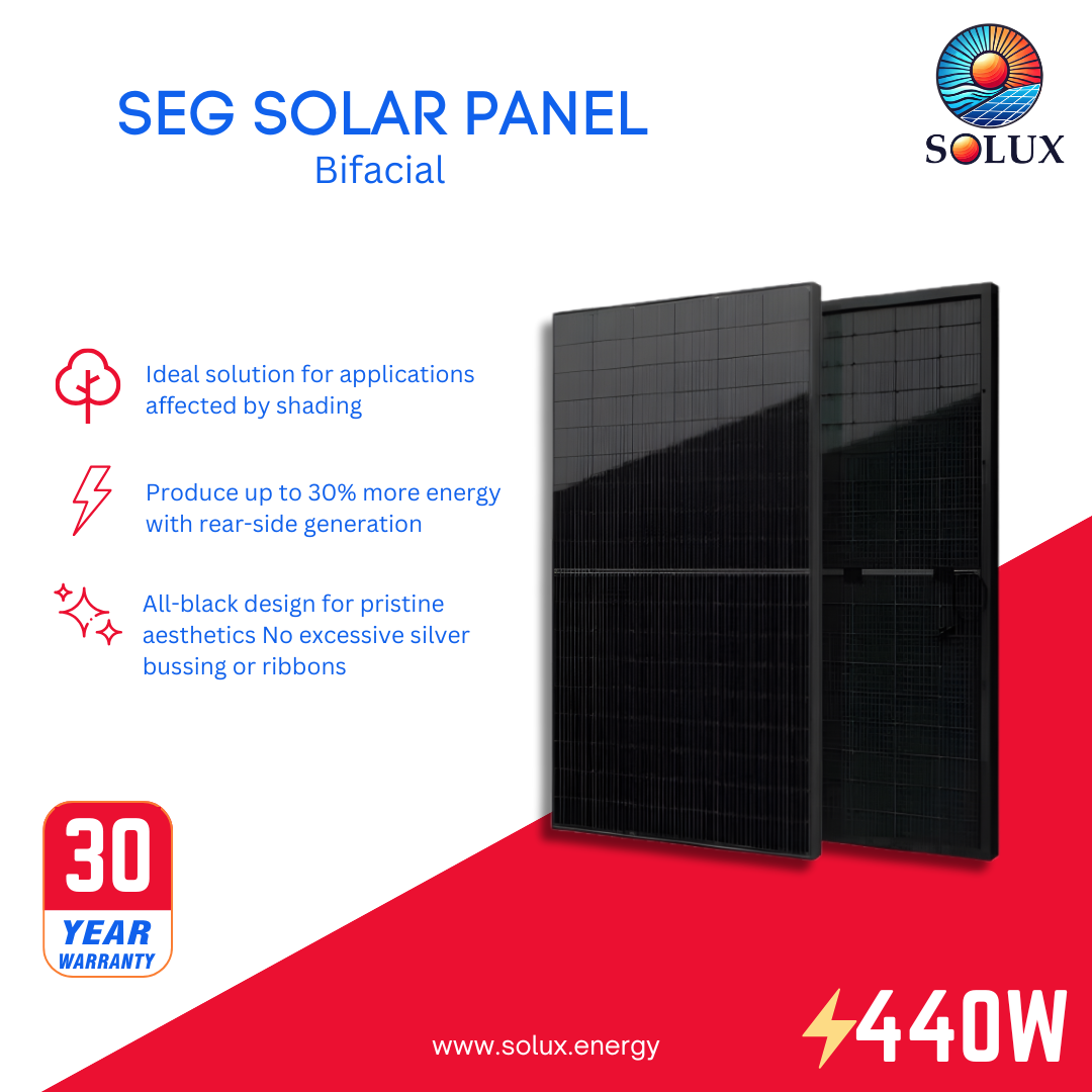 This is an image of SEG Panels - Seraphim 440W All Black Bifacial Solar Panels