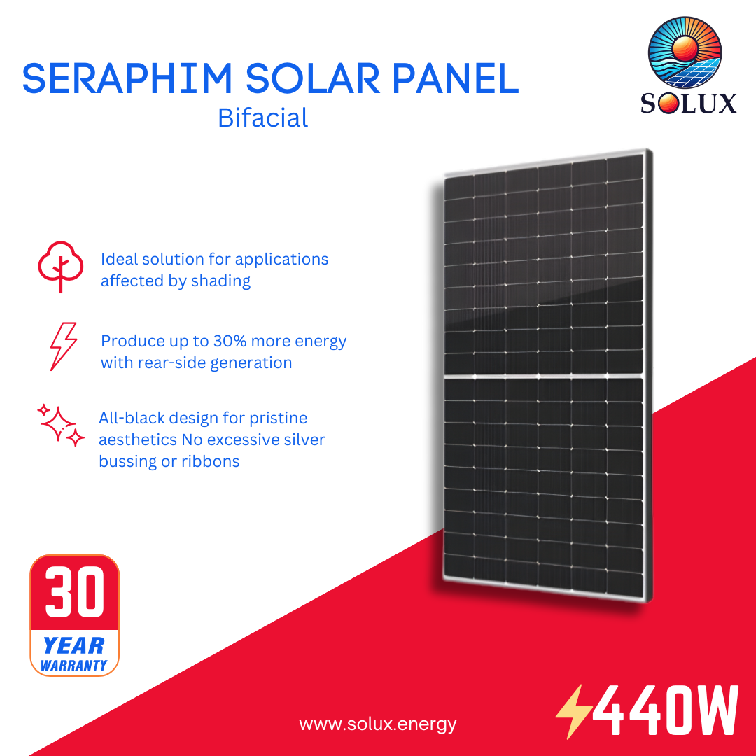 This is an image of Seraphim Solar Panels  440W All Black Bifacial SRP-440-BTD-BG