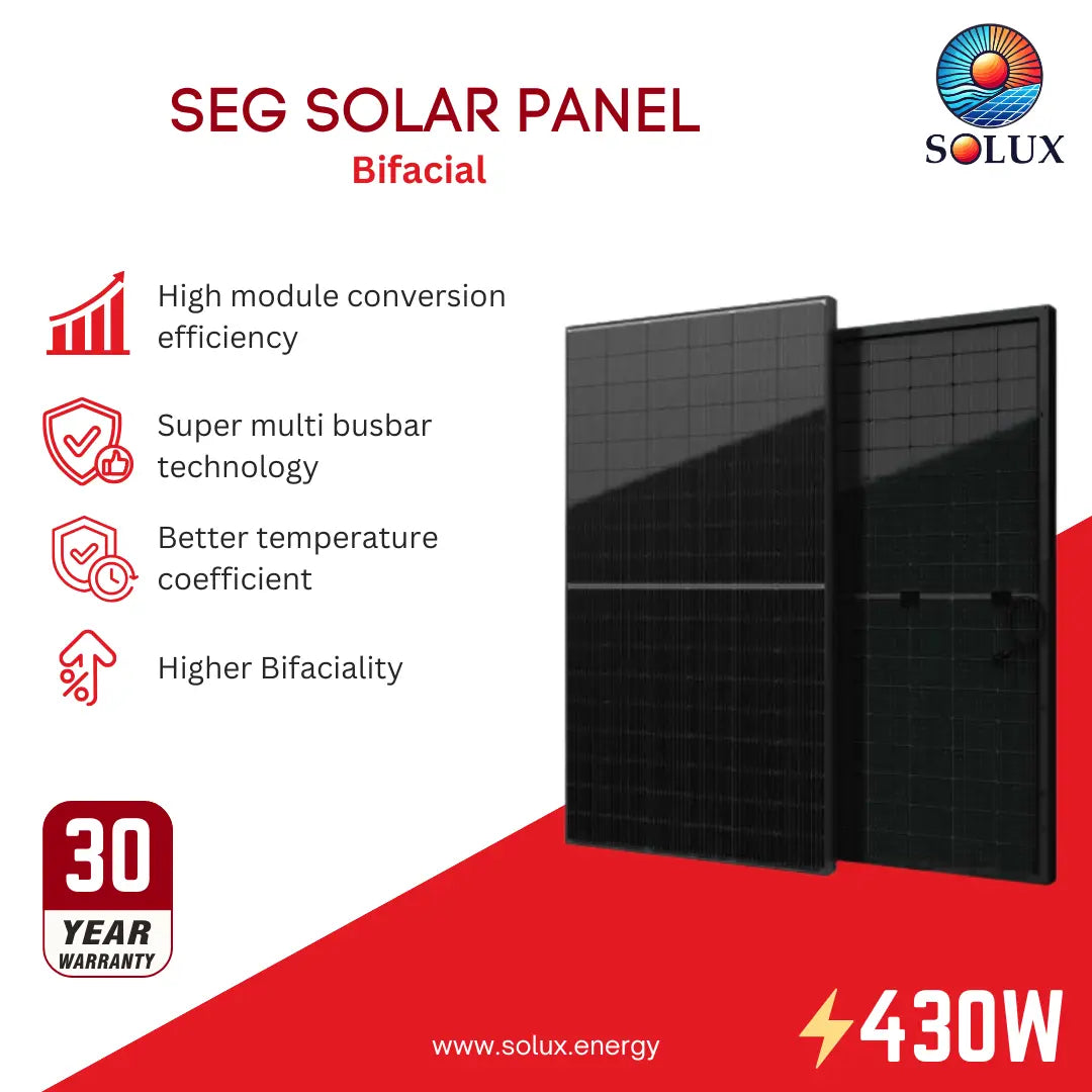 Two black SEG solar panel bifacial products shown on a white and red promotional graphic with text highlighting high conversion efficiency, multi busbar technology, temperature coefficient, and 430W power. Solux branding is visible.