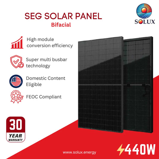 This is an image of Seraphim SEG-440-BTD-BG-T3 440Watt Bifacial Solar Panel Domestic Content Eligible and FEOC Compliant