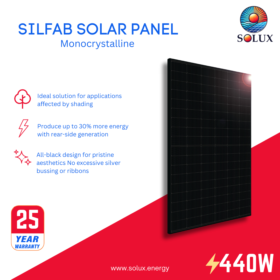 This is an image of Silfab 440 Watt Solar Panel All Black Monocrystalline