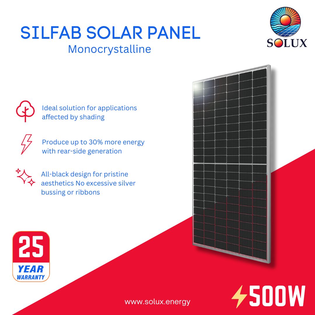 This is an image of Silfab 500Watt 132 Half-Cell Silver Frame Monocrystalline Solar Panels