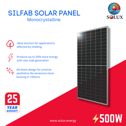 This is an image of Silfab 500Watt 132 Half-Cell Silver Frame Monocrystalline Solar Panels