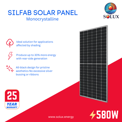This is an image of Silfab 580Watt 144 Half-Cell Silver Frame Bifacial Solar Panel