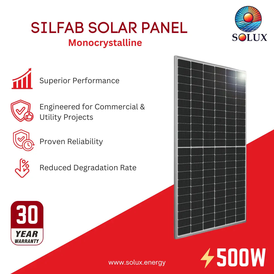 SILFAB SOLAR PANEL Monocrystalline by Solux, a 500W solar panel shown on a white and red promotional graphic with feature icons and a 30-year warranty badge.