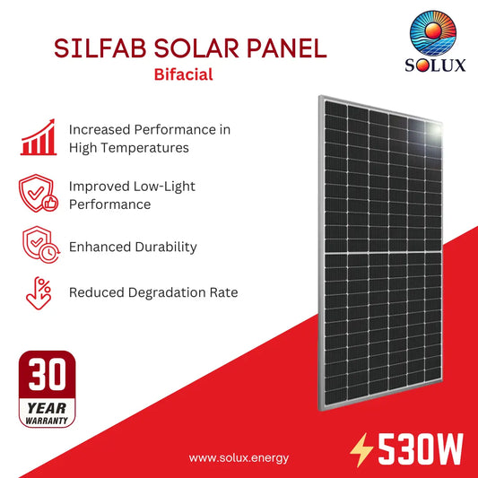 SILFAB SOLAR PANEL Bifacial by Solux, a 530W solar panel shown on a white and red promotional graphic with feature icons and a 30-year warranty badge.