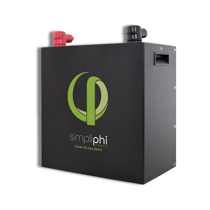 Black battery pack with SimpliPhi logo on a white background