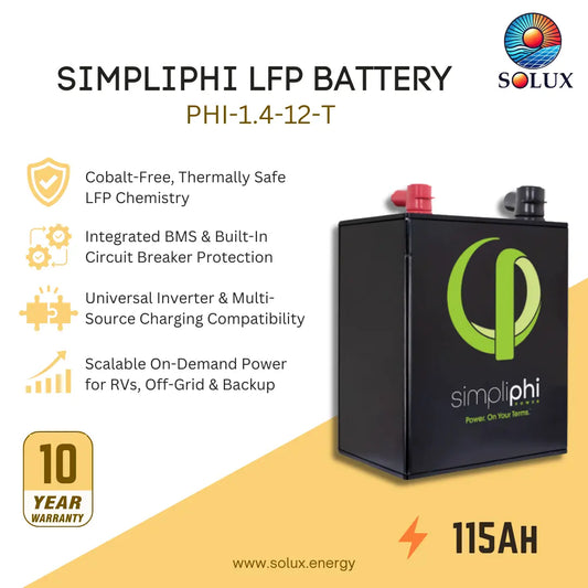 SimpliphI LFP battery PHI-1.4-12-T by Solux, shown as a black rectangular battery with green logo graphics, red and black terminal caps, and marketing text on a white and yellow background.