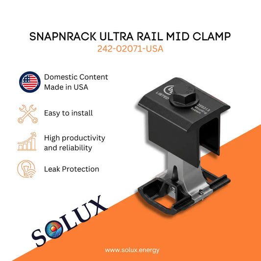 Snaprack Ultra Rail Mid Clamp with Solux branding on a white and orange background
