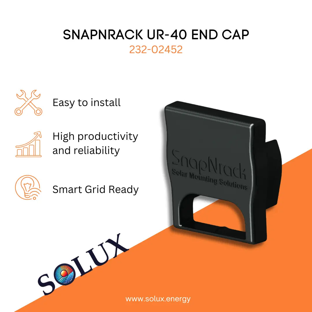 SnapNrack UR-40 end cap with Solux branding on a white and orange background