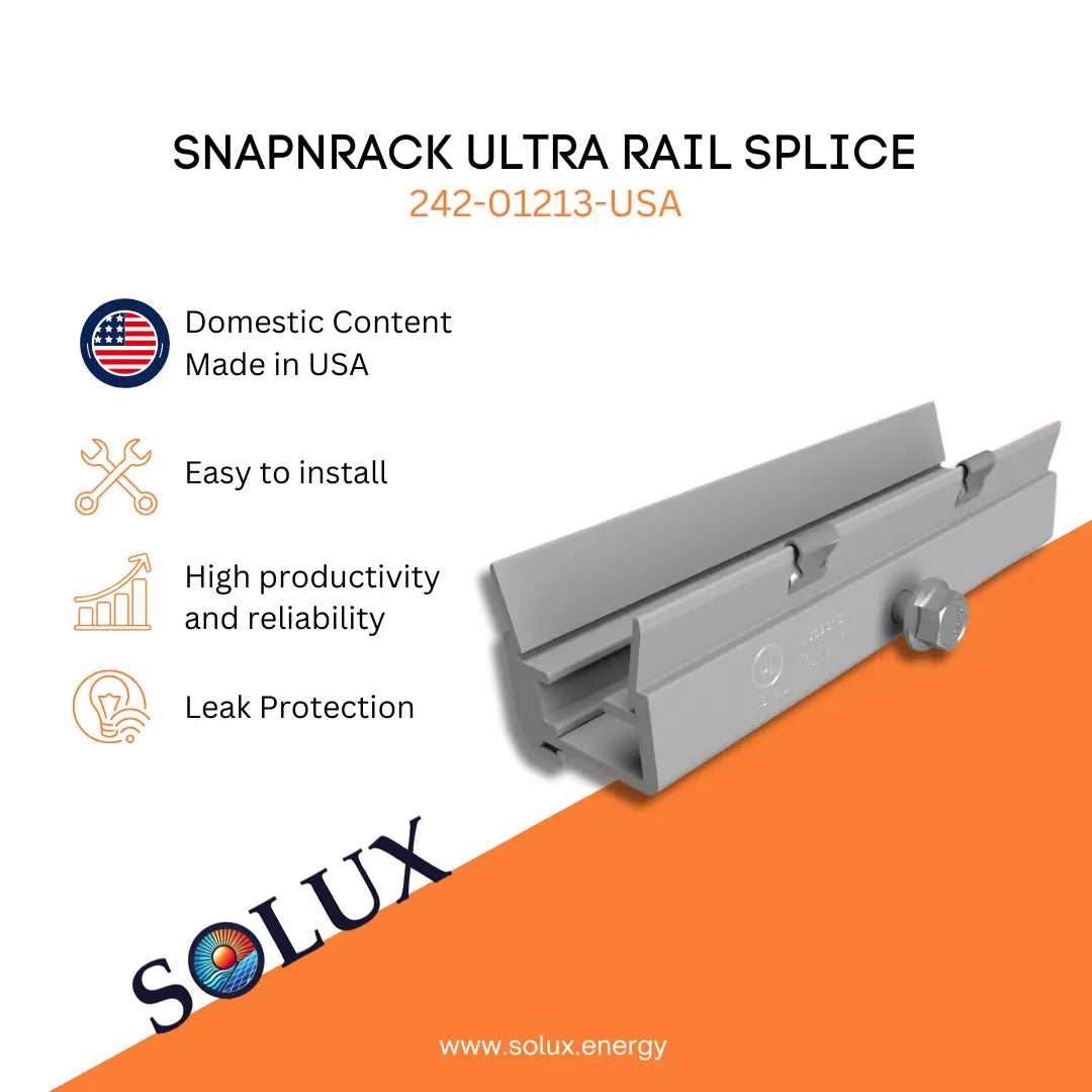 Snapnrack Ultra Rail Splice with Solux logo and product features on a white and orange background