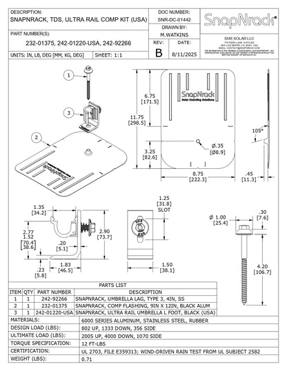 Technical drawing of a SnapNTrack ultra rail comp kit with dimensions and specifications.