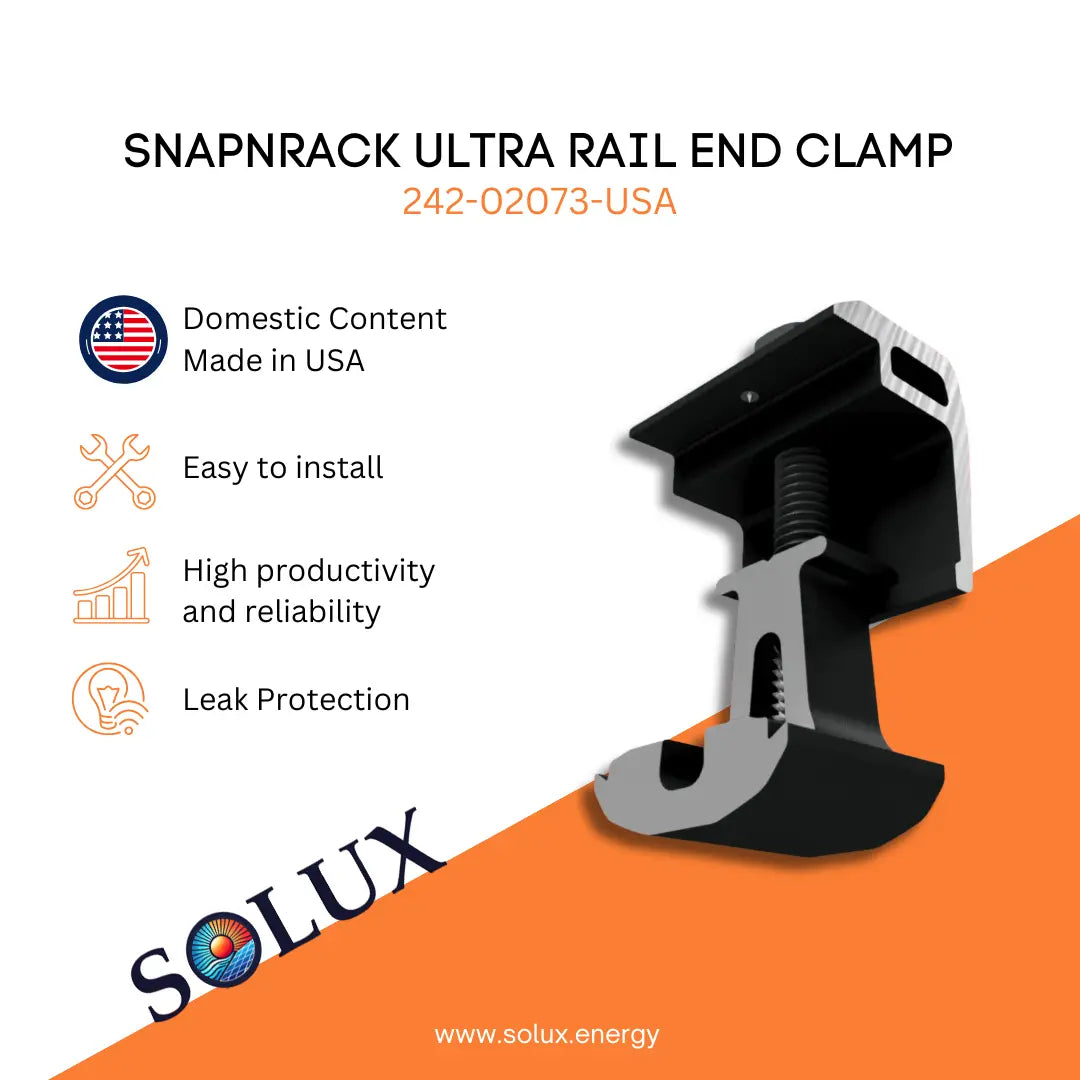 Snapnrack Ultra Rail End Clamp with Solux branding on a white and orange background