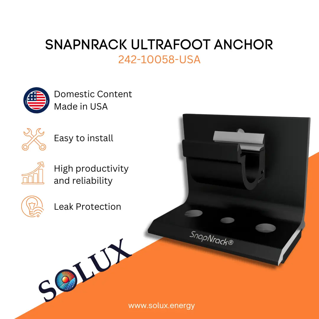 SnapnRack Ultrafoot Anchor with Solux branding on an orange and white background