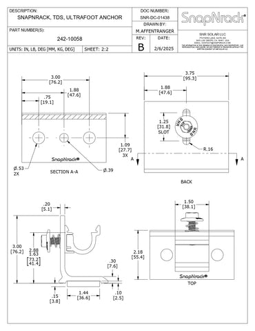 Technical drawing of a SnapNack snap rack anchor with dimensions and specifications.