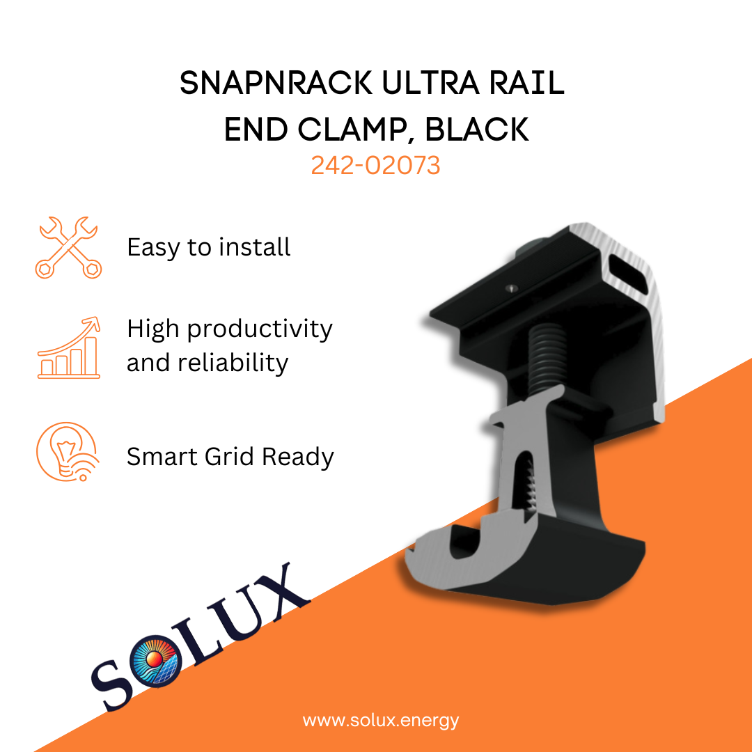 This is an image of SnapNrack Ultra Rail End Clamp, Black, 242-02073