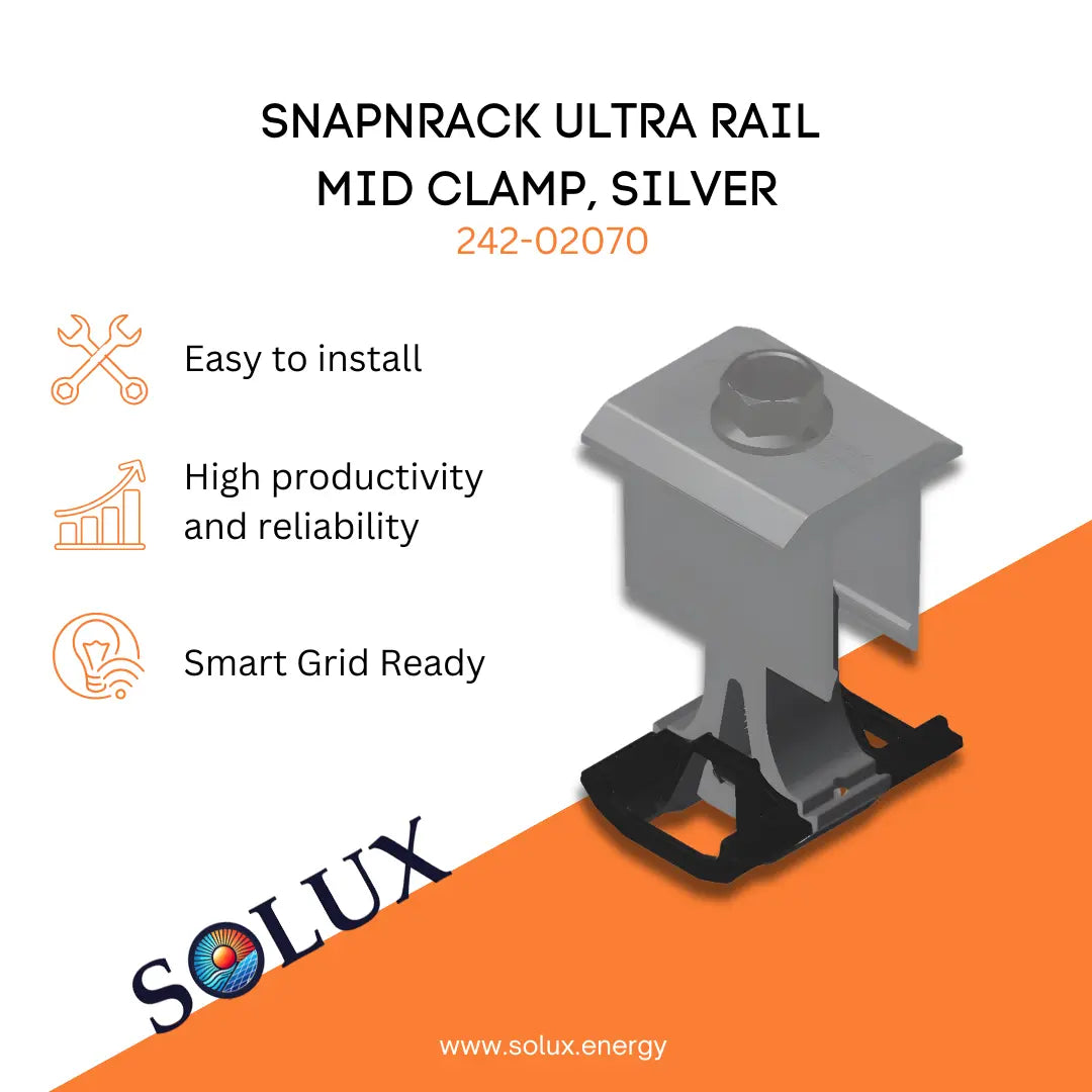 This is an image of SnapNrack Mid Clamp, Ultra Rail Clamp, Silver