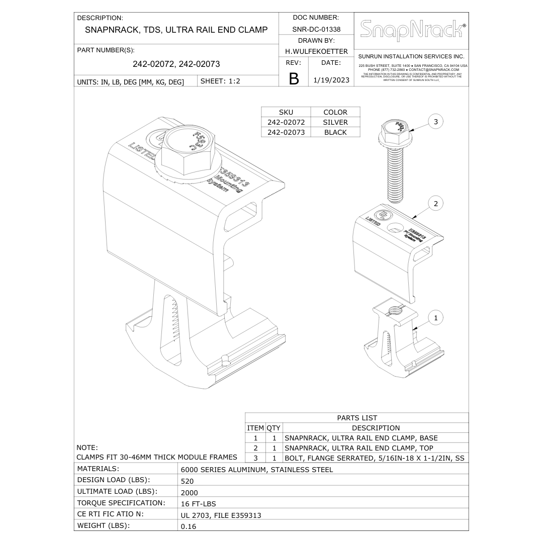 SnapNrack 242-02072 Ultra Rail End Clamp Silver