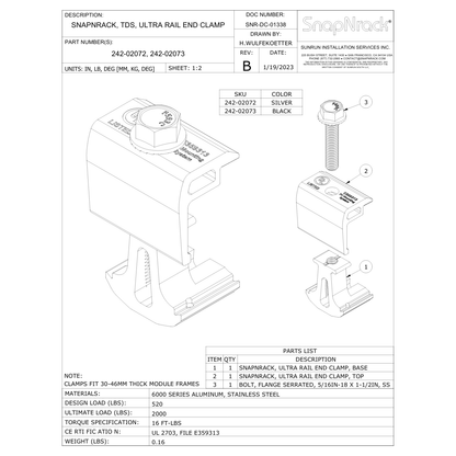 SnapNrack 242-02072 Ultra Rail End Clamp Silver