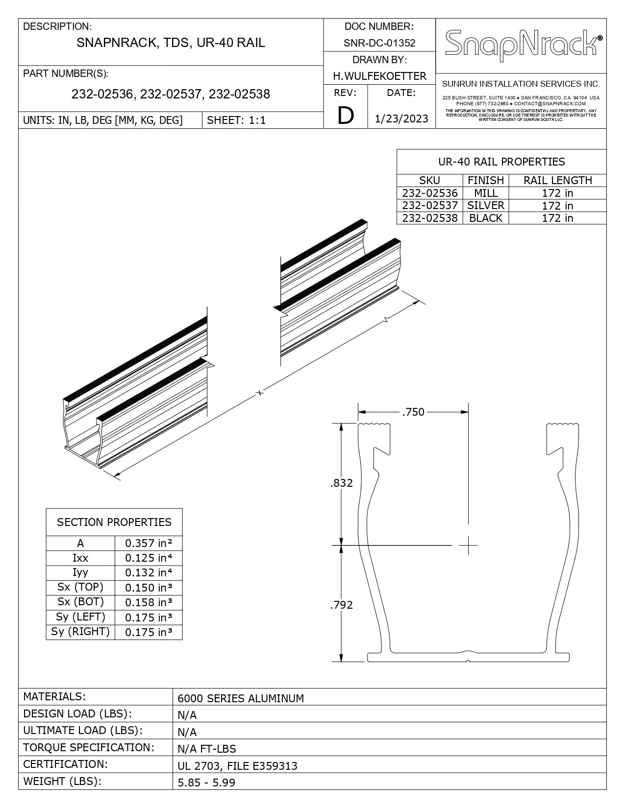 232-02538 snapnrack ur-40 rail