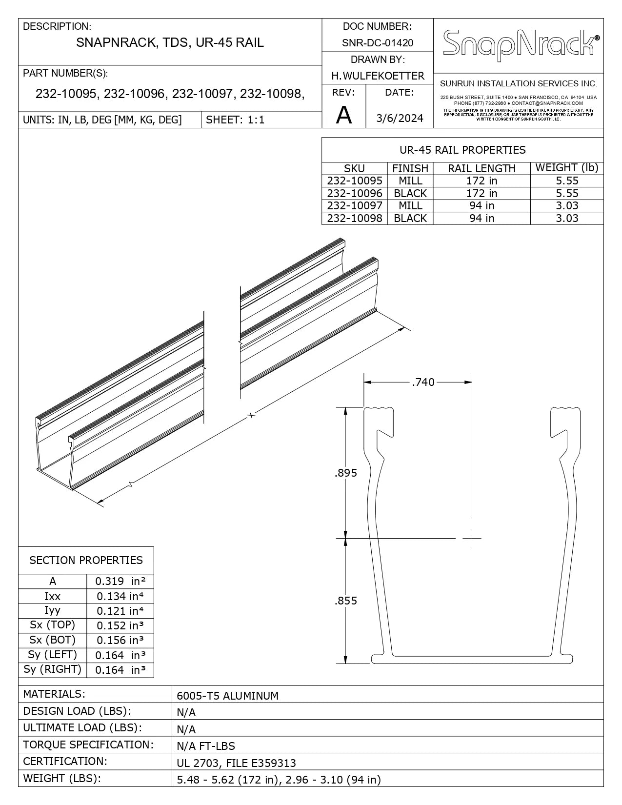 232-10095-USA ; 232-10096-USA snapnrack ur-45 rail