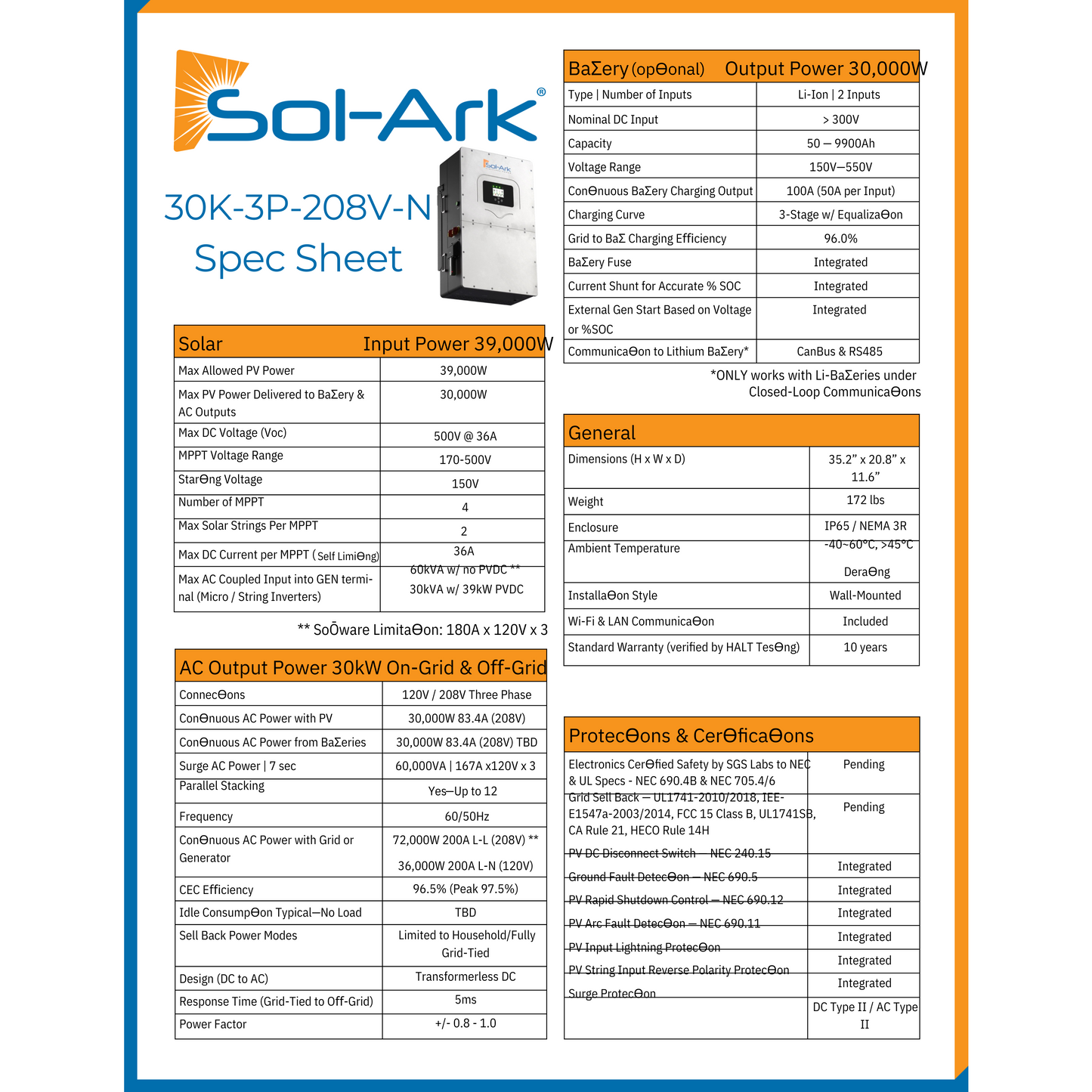 Sol Ark Inverter​ SA-30K-3P Specs