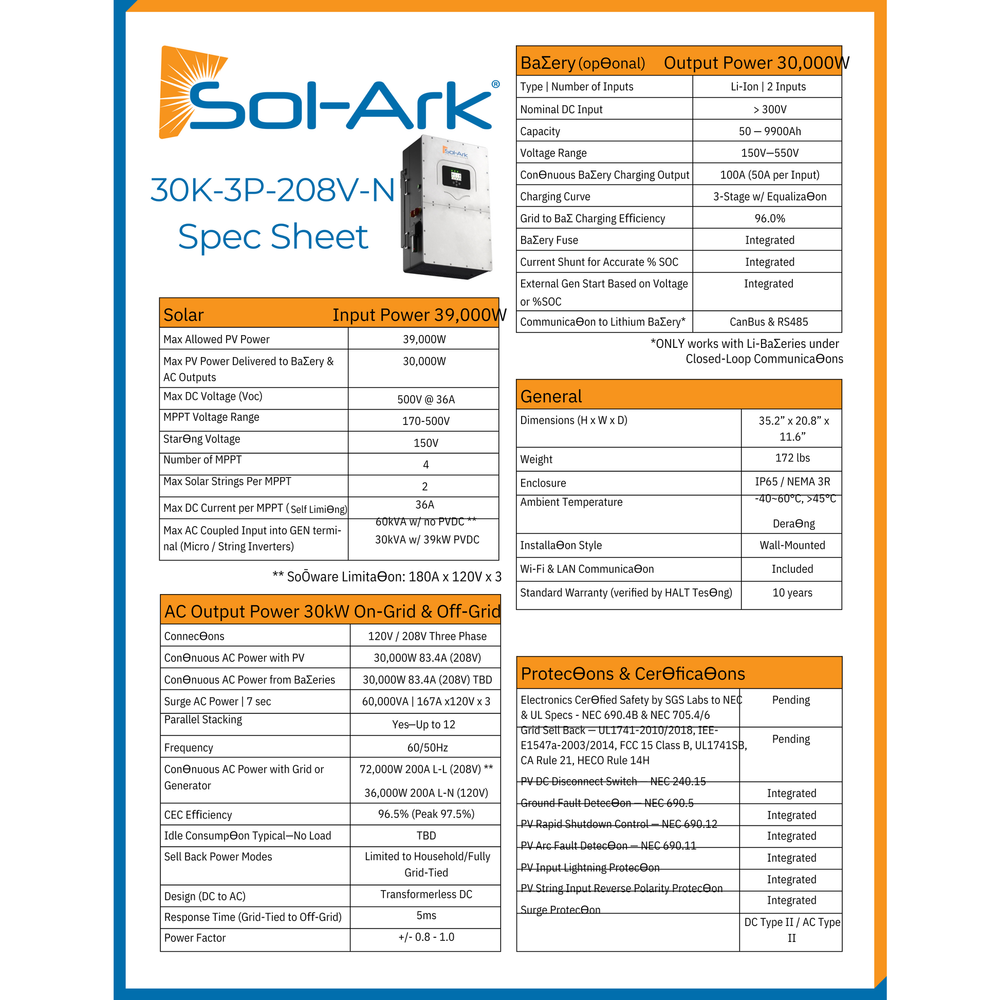 Sol Ark Inverter​ SA-30K-3P Specs